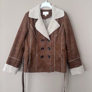 Y2K Penny Lane Coat Women XL Brown Patchwork 70s Faux Suede Double Breasted